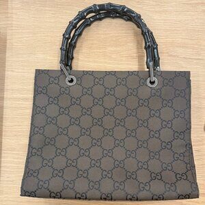 GUCCI Brown Silk Logo Printed Bamboo Top Handle Bag